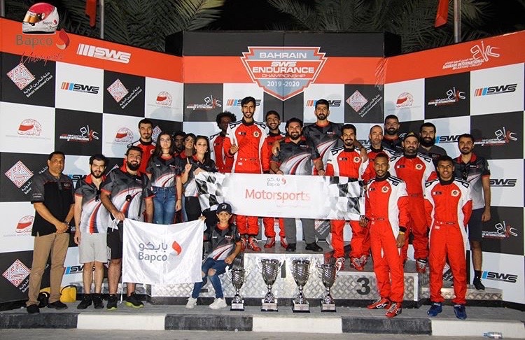 The Bapco Motorsports team on the podium at the Bahrain SWS Endurance Championship