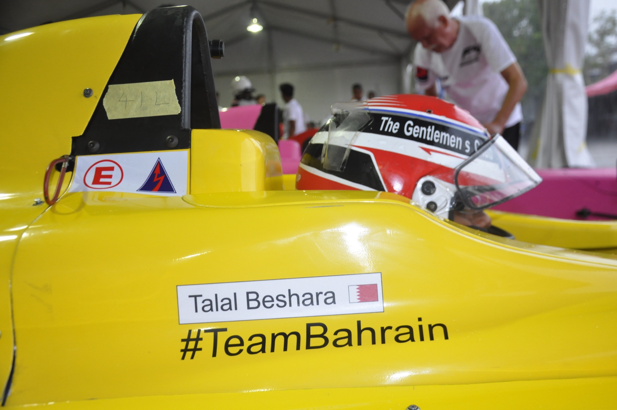 Cockpit of Talal's Formula 4 car with #TeamBahrain name plate