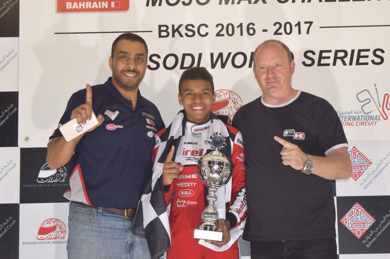 Talal Beshara celebrating the Bahrain junior karting title with his trophy
